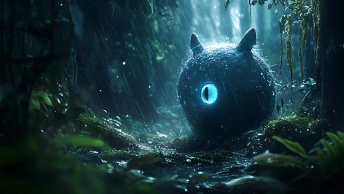 Glowing eyed forest creature watches through silver rain.
