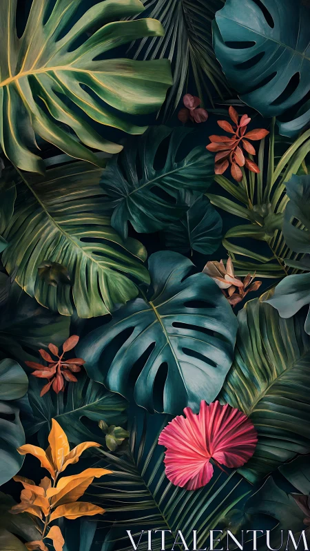 Layered tropical foliage in deep teal and warm accents.