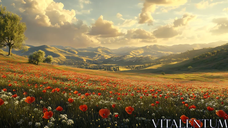 Sunlit poppy meadow stretching across rolling hills landscape.