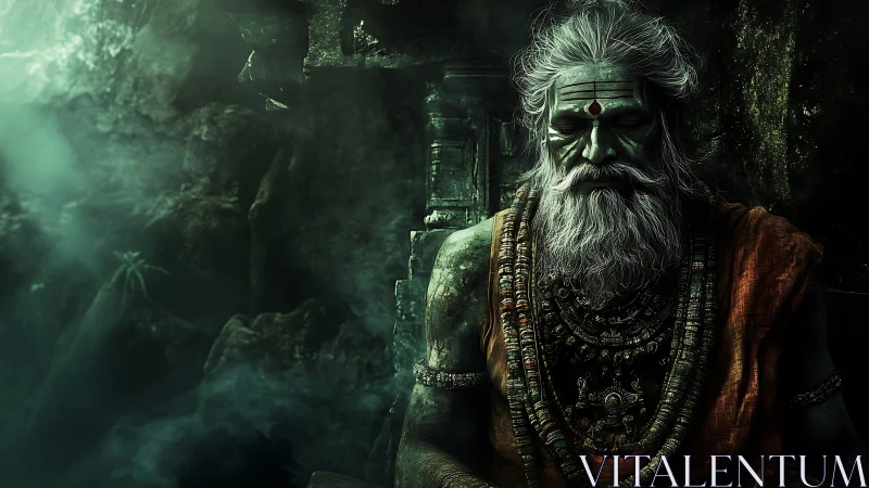 Mystic sage rests in shadowed cave wrapped in timeless calm