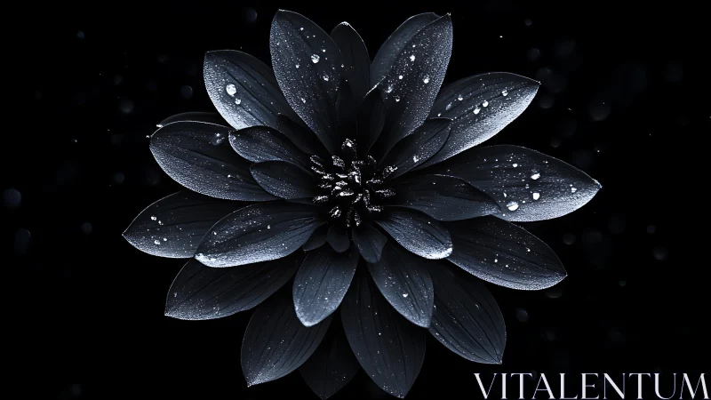 Dark flower blooms with dew-covered petals against black background.