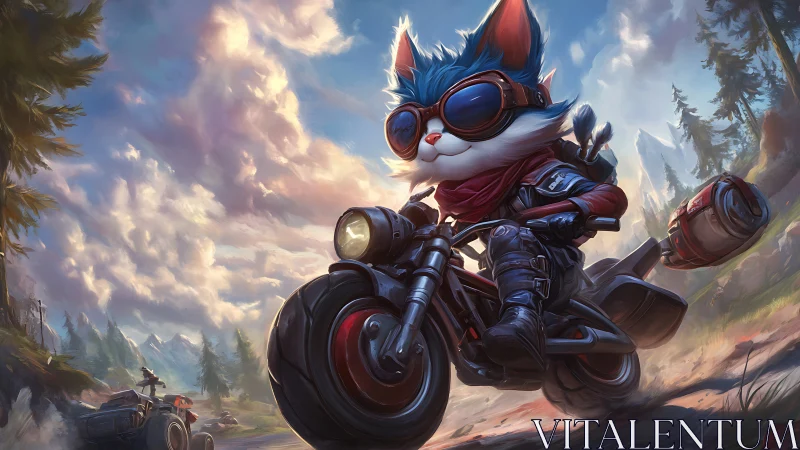 Motorbiking feline pilot races through painterly forest trail.