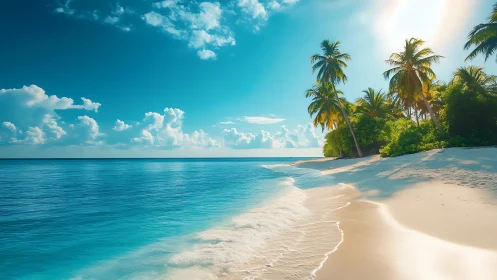 Tropical coastal beach displaying palm trees, turquoise water, sand.