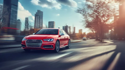 Red sedan moves through urban street with motion blur effects