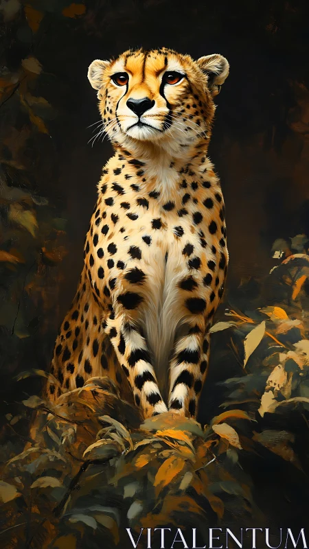 Golden cheetah portrait in autumn foliage, digital painting.