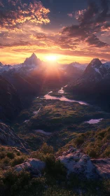 Golden sunrise pours soft light over a tranquil valley