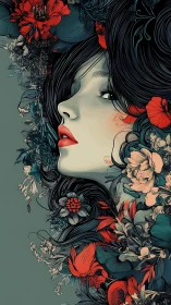 Profile portrait of woman framed by dense botanical forms.