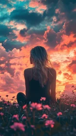Woman sits in wildflower field under vivid sunset sky