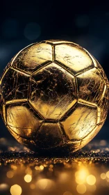 Golden soccer ball close-up on dark background with bokeh.