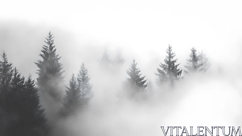 Minimalist conifer forest in high-key atmospheric mist study.
