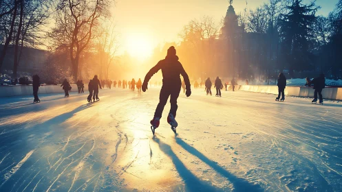 Sunlit city ice rink with skaters in golden winter glow.