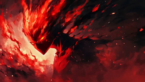 Fireborn silhouette drifting through swirling crimson night.