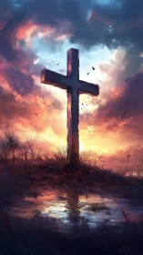 Wooden cross on hill with reflected sunset sky over water.