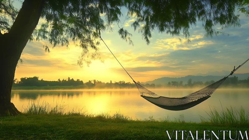 Hammock suspended beside calm lake at sunrise or sunset.