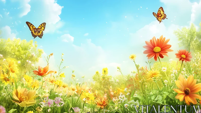 Spring Wildflower Meadow with Swallowtail Butterflies and Cumulus Sky