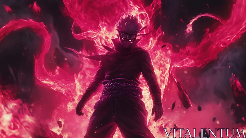 Anime warrior stands in swirling red energy flames