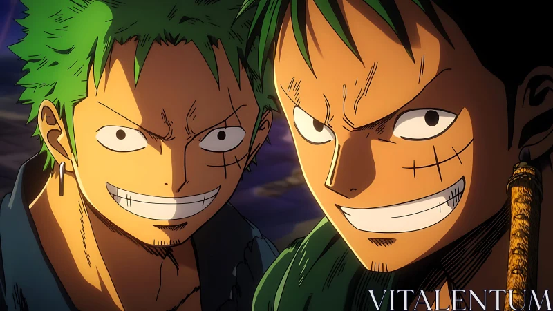 Anime swordsmen close-up with intense grins and scars.