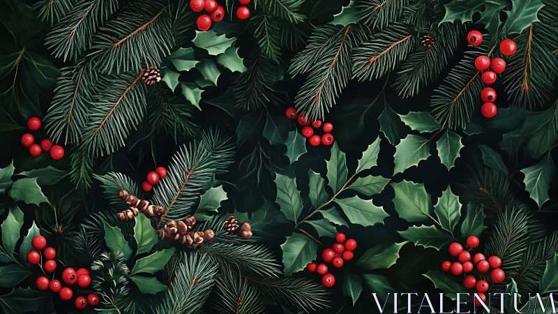 Evergreen fir branches with holly leaves and red berries pattern.