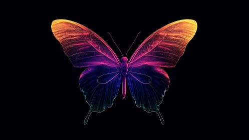 Neon gradient butterfly on black with radiant wing veining.