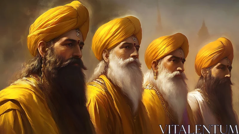 Golden-robed elders stand together in calm, dignified harmony