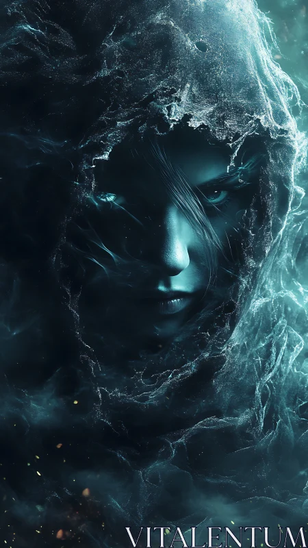 Hooded spectral face emerges from swirling teal mist