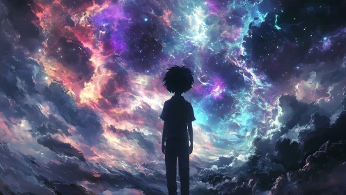 Silhouetted child studies nebular sky with vibrant spectral clouds