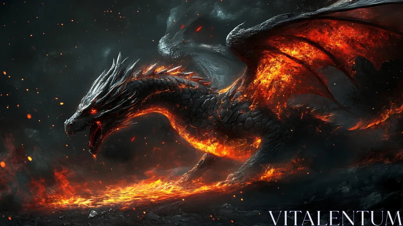 Fiery dragon strides through molten ground in dark landscape