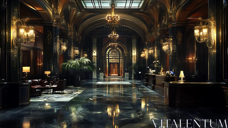 Luxurious Art Deco Hotel Lobby with Gold Chandeliers.