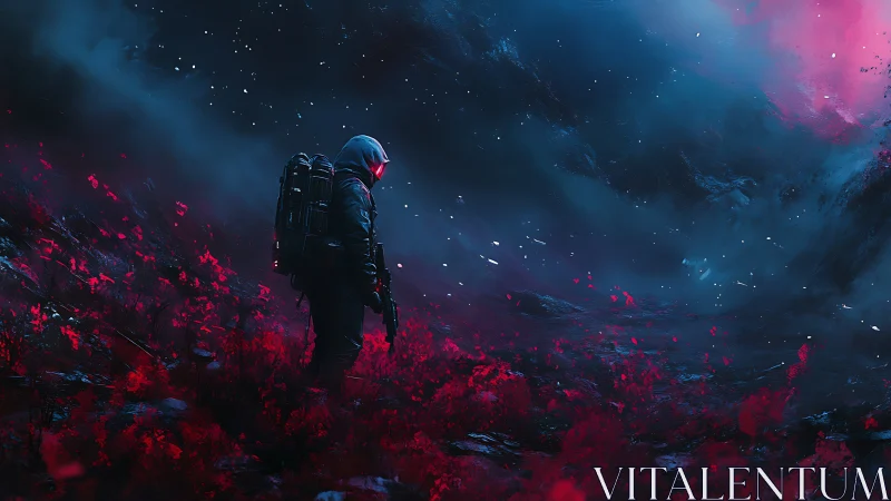 Solitary explorer in red alien field under dark nebula sky.