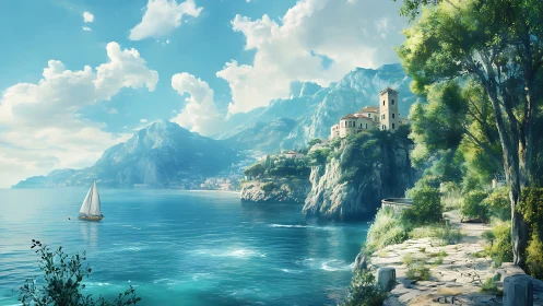 Cliffside Castle Overlooking Mediterranean Waters.