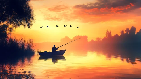 Quiet lake fisherman resting beneath a glowing sunset sky.
