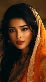 Portrait shows woman in orange embroidered veil with soft lighting