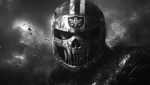 Tactical skull-plate helm in particulate storm field study.