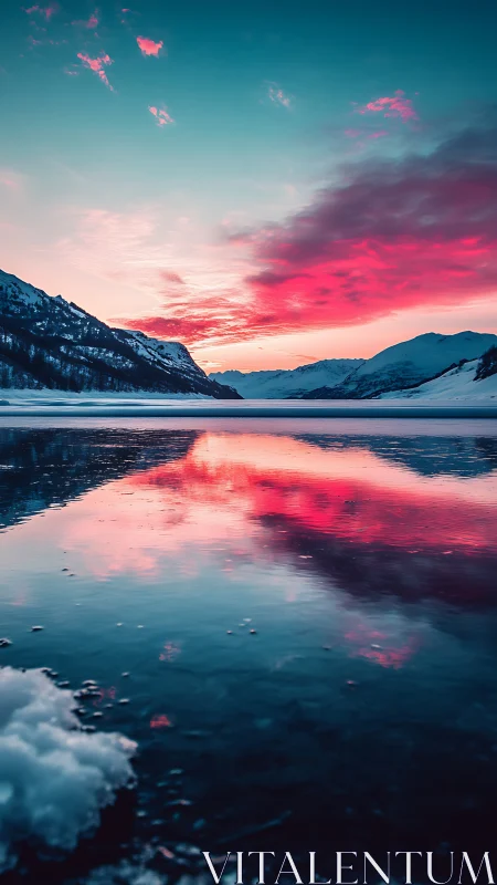Neon sunset reflects over tranquil frozen mountain lake.