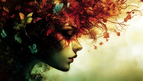 Surreal profile portrait with botanical hair and butterflies.