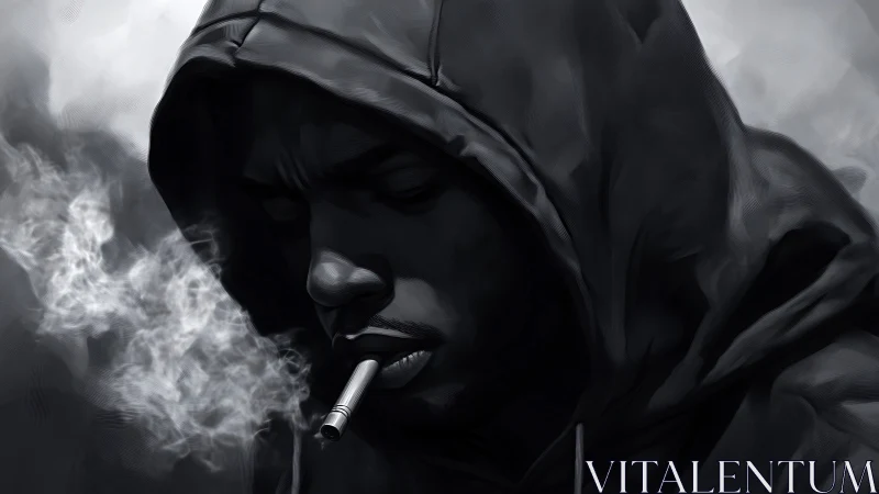 Quiet hooded portrait lingers in smoke and soft gray light