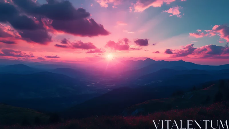 Sunset illuminates layered mountain ranges under dense clouds