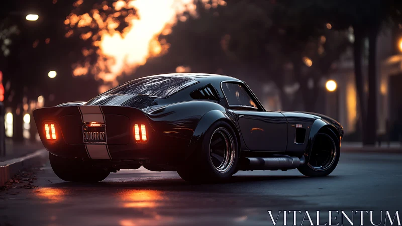 Midnight muscle coupe prowls through ember-lit city streets.