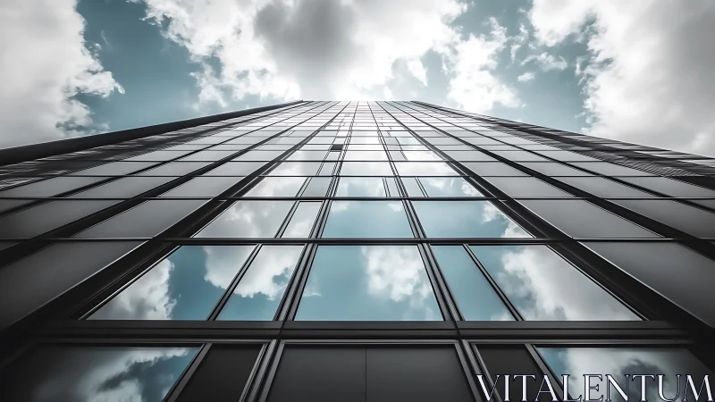 Glass skyscraper facade reflecting sky and clouds upward.