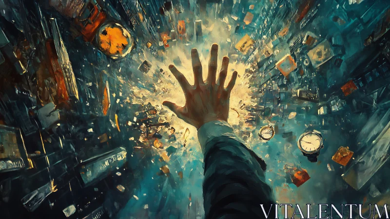 Extended hand amid fragmented objects in radial motion.