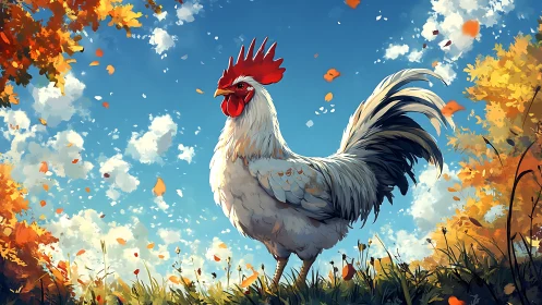 Digital Painted Rooster Against Autumn Landscape With Volumetric Cloud Rendering