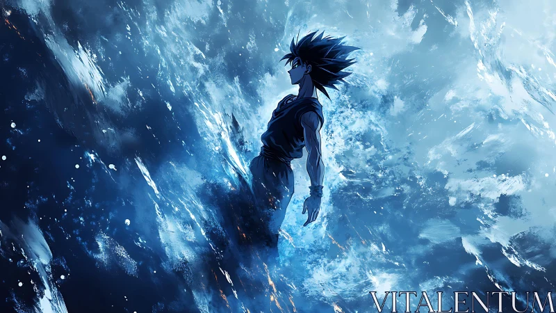 Aerial anime combatant in luminous hydrodynamic energy field.