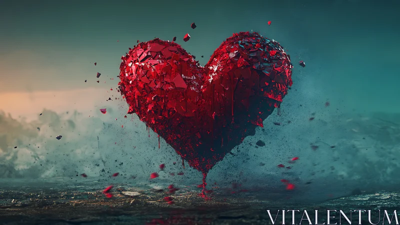 Fragmented Crimson Heart Suspended in Ethereal Teal Atmosphere.