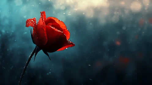 Crimson Rose Bloom Captured with Macro Detail and Atmospheric Water Droplet Effects