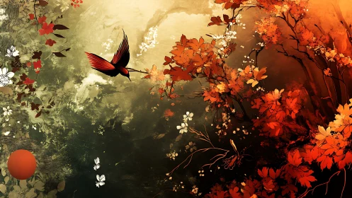 Ember-winged bird skims an autumn storm of painted petals.