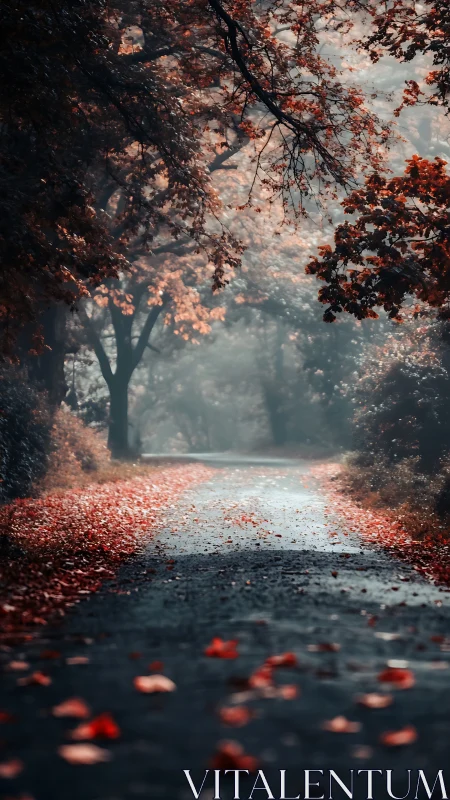 Autumn Path Through Trees With Fallen Leaves.