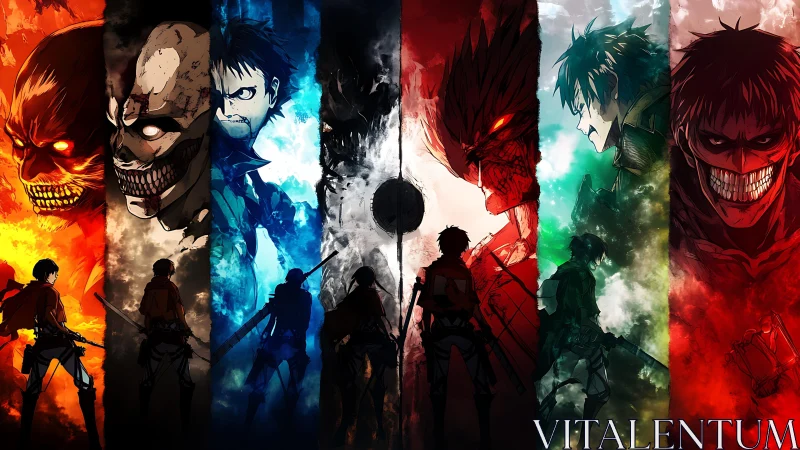 Segmented anime warriors and monstrous counterparts aligned.