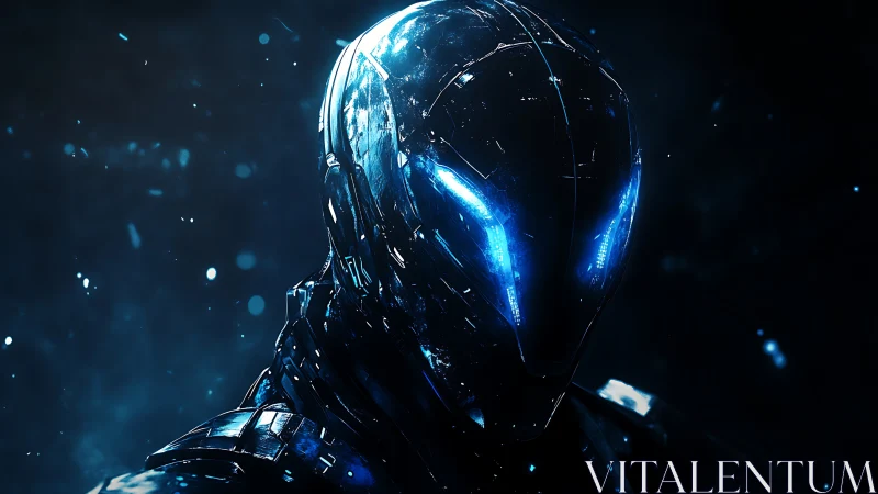 Cybernetic humanoid with luminescent visor dominates dark void