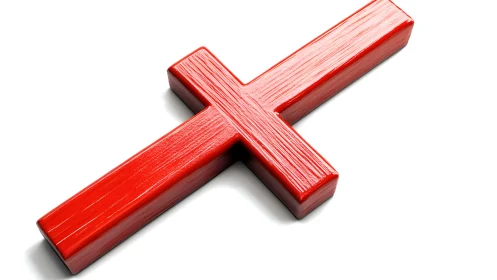 Red Wooden Inverted Cross on White Background, Minimalist Style.