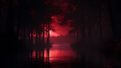 Twilight Forest Waterway With Red Sky Reflection